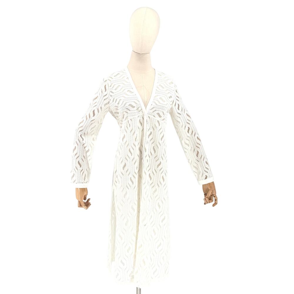 Sharon Young White Lace Geometric Button Front Midi Cover-Up Tunic